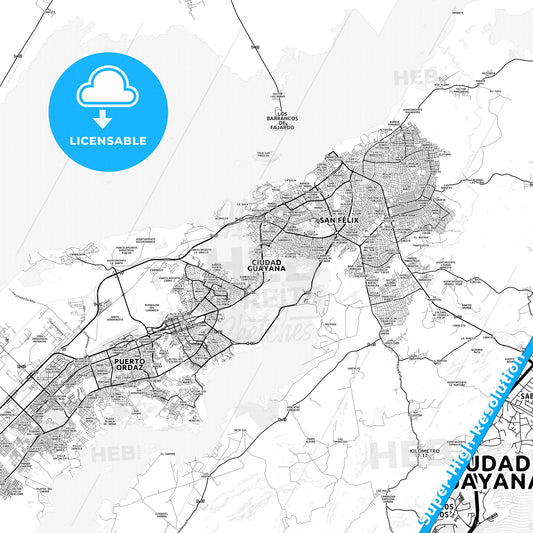 Ciudad Guayana, Venezuela light map with streetnames, citynames and districts