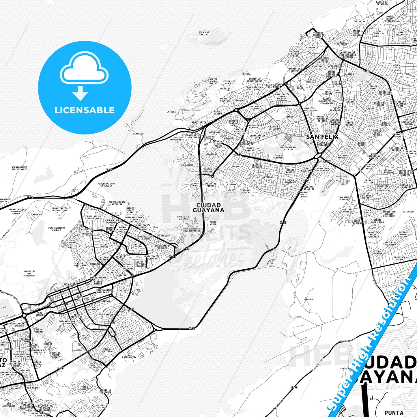 Ciudad Guayana, Venezuela Light Map with Street Names, City Names, and Districts