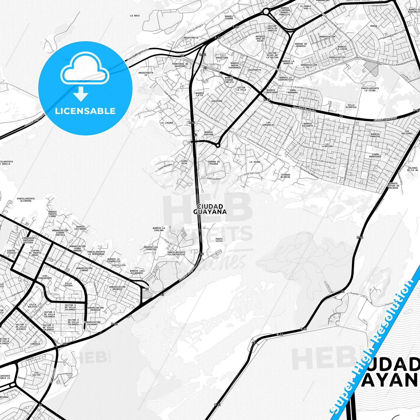 Ciudad Guayana, Venezuela Light Map with Street Names, City Names, and Districts