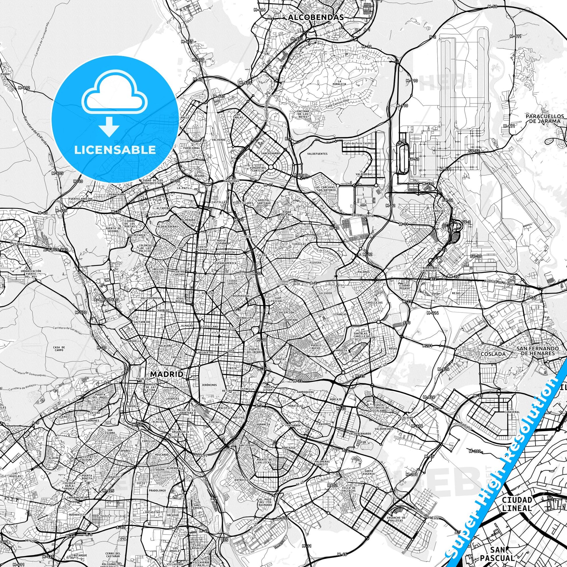 Ciudad Lineal, Spain light map with streetnames, citynames and districts