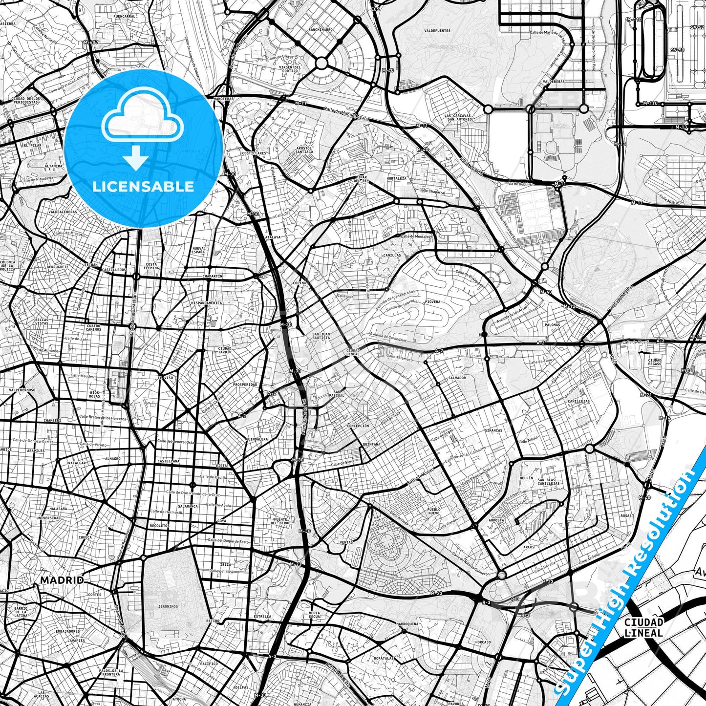 Ciudad Lineal, Spain Light Map with Street Names, City Names, and Districts