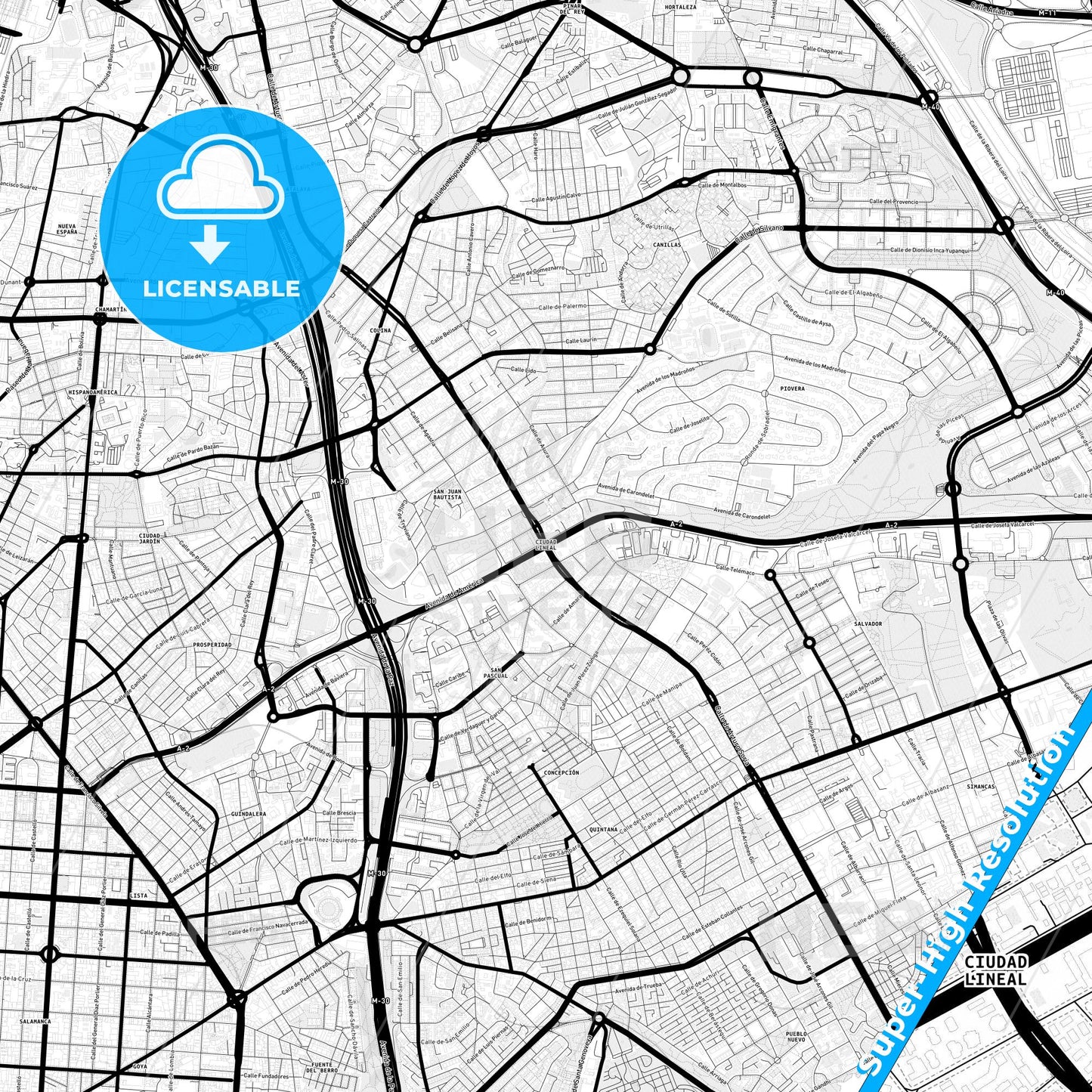 Ciudad Lineal, Spain Light Map with Street Names, City Names, and Districts