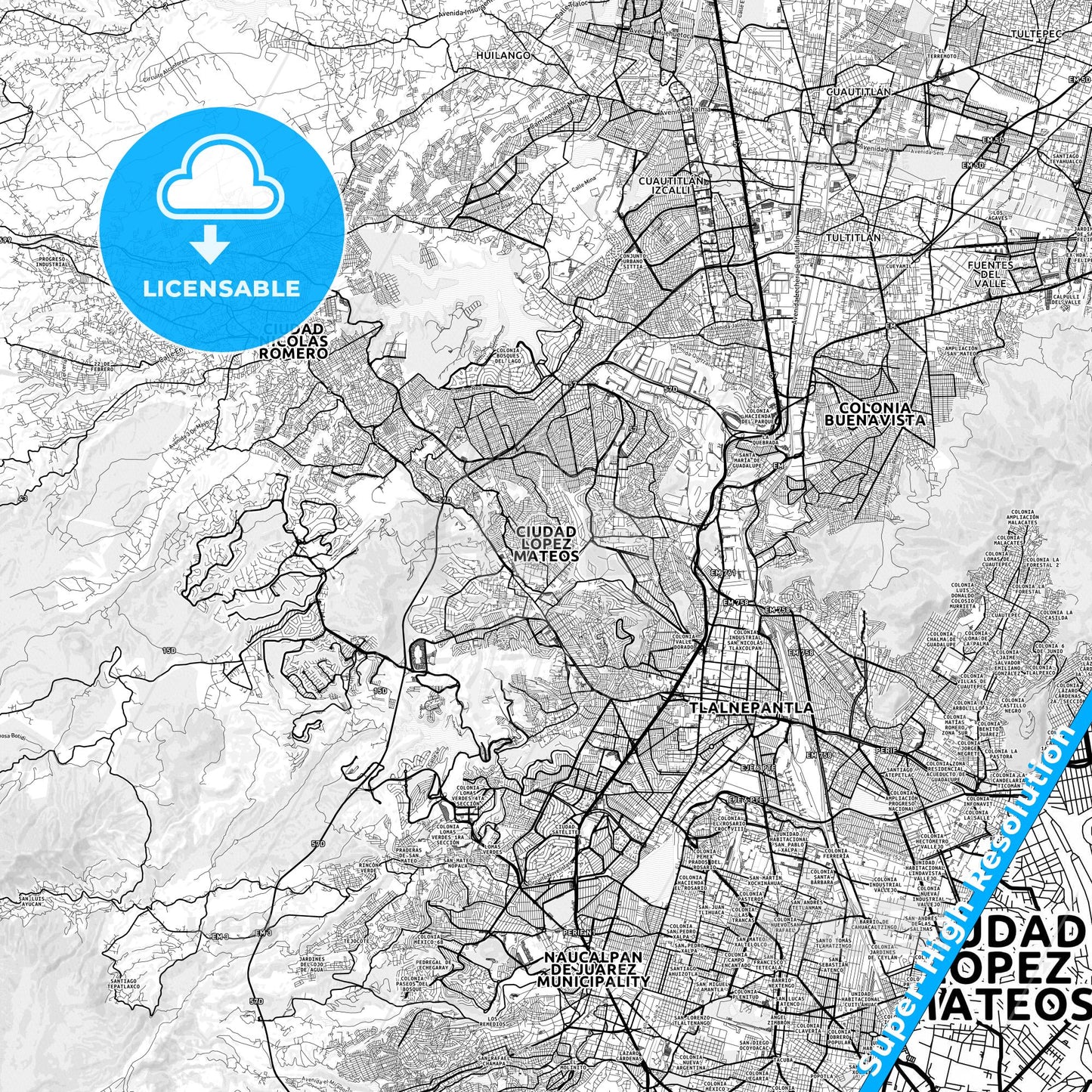 Ciudad López Mateos, Mexico light map with streetnames, citynames and districts