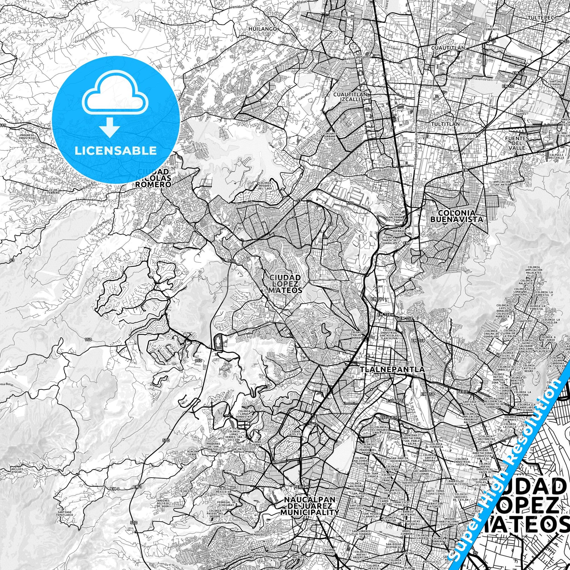 Ciudad López Mateos, Mexico light map with streetnames, citynames and districts