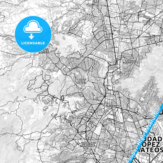Ciudad López Mateos, Mexico light map with streetnames, citynames and districts