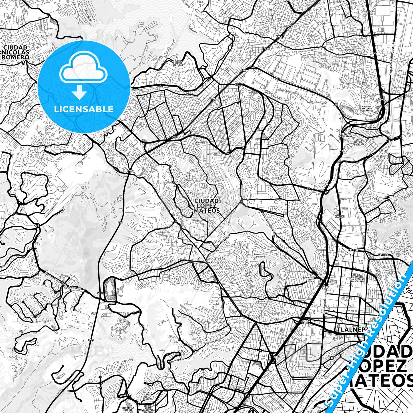 Ciudad López Mateos, Mexico Light Map with Street Names, City Names, and Districts