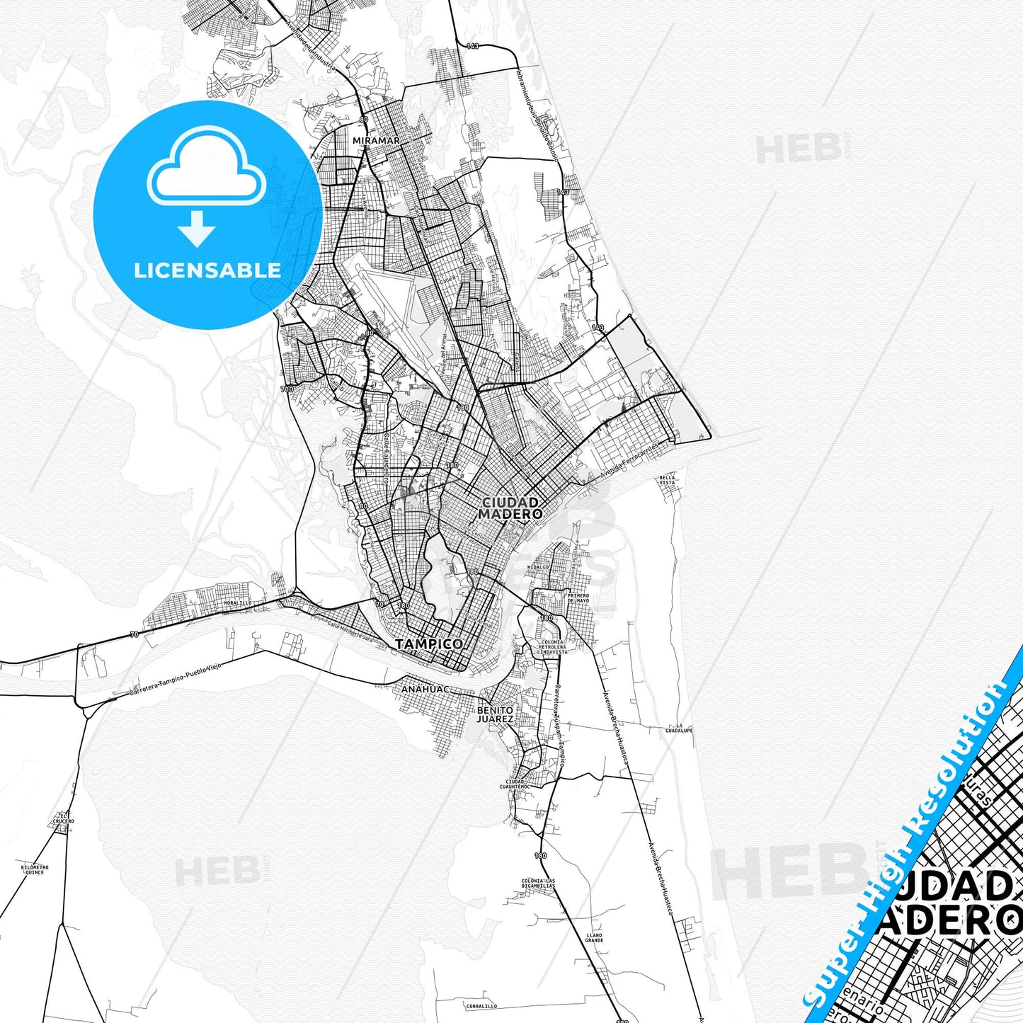 Ciudad Madero, Mexico light map with streetnames, citynames and districts
