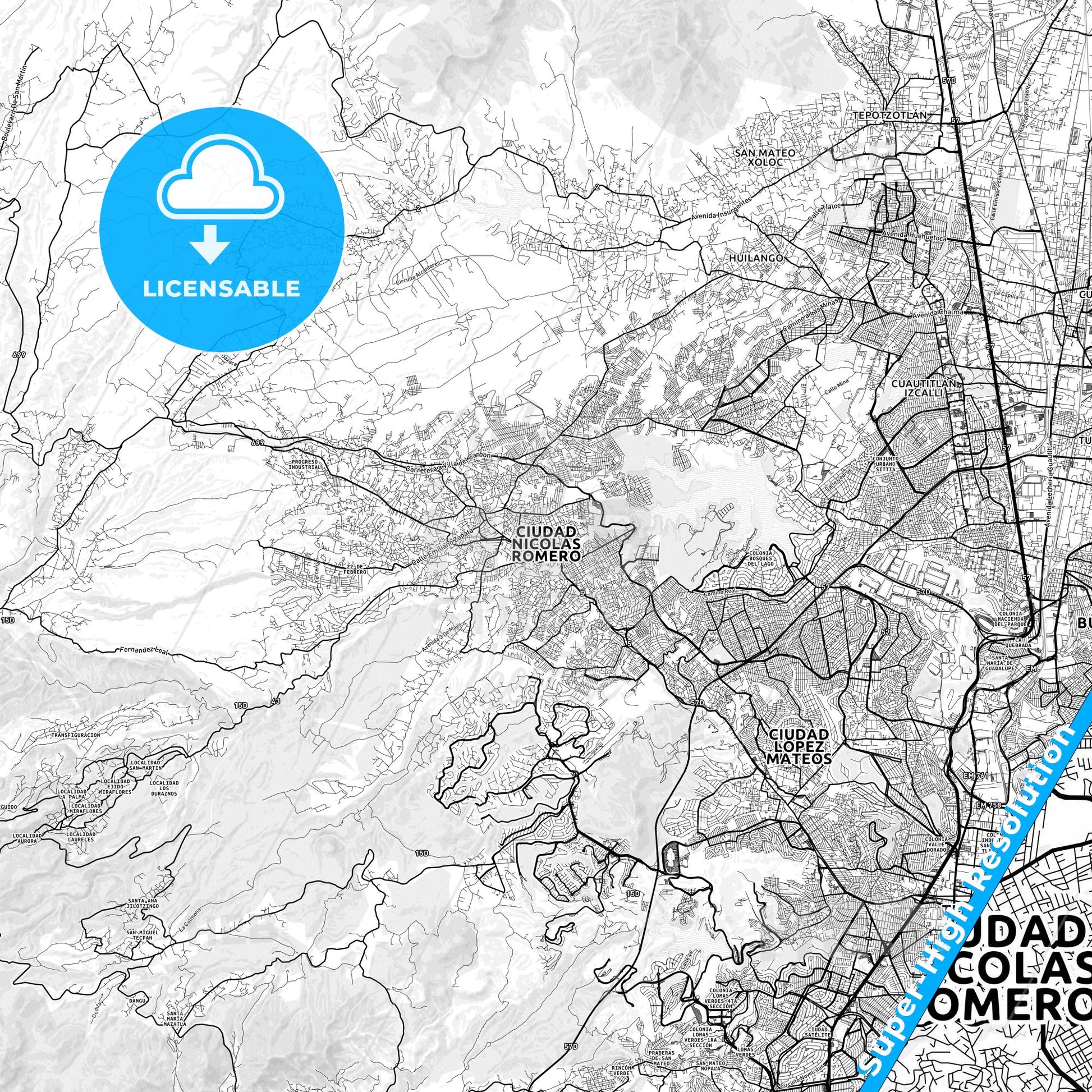 Ciudad Nicolás Romero, Mexico light map with streetnames, citynames and districts