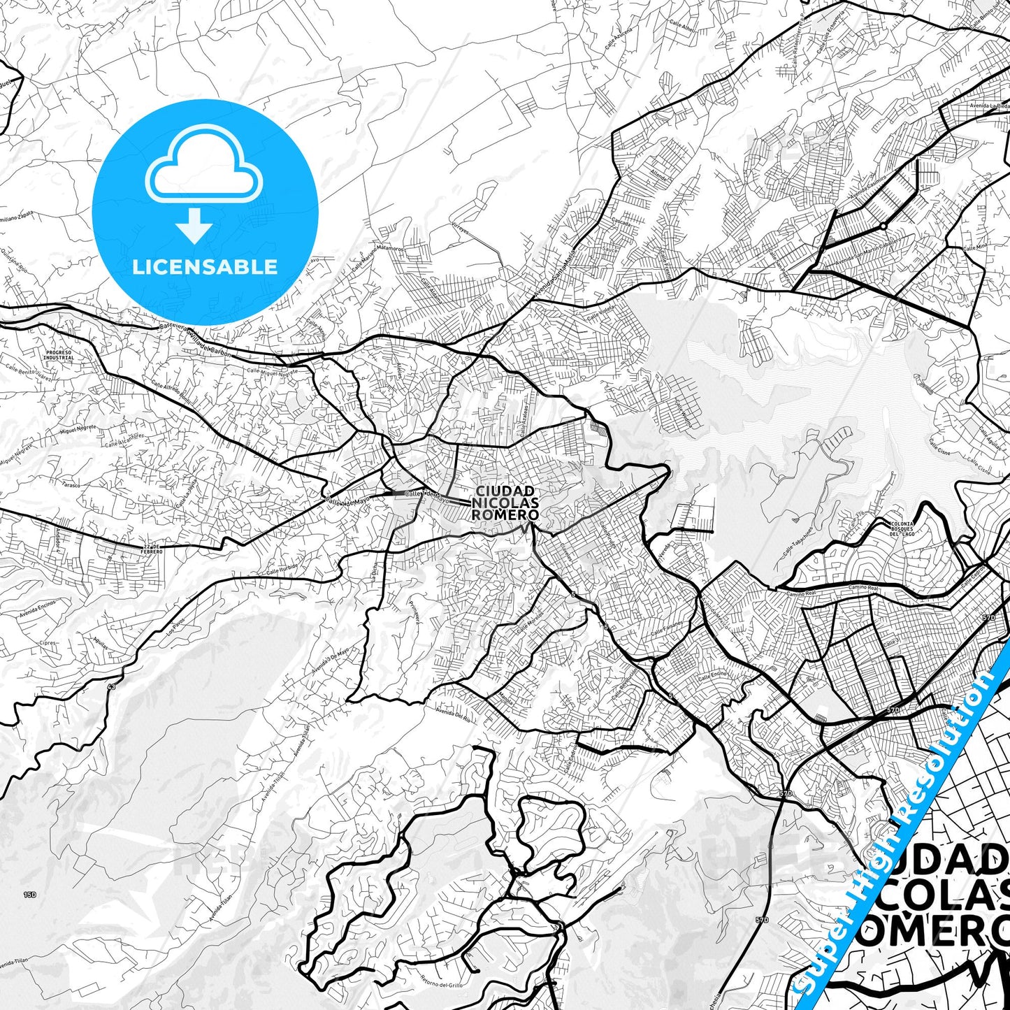 Ciudad Nicolás Romero, Mexico Light Map with Street Names, City Names, and Districts