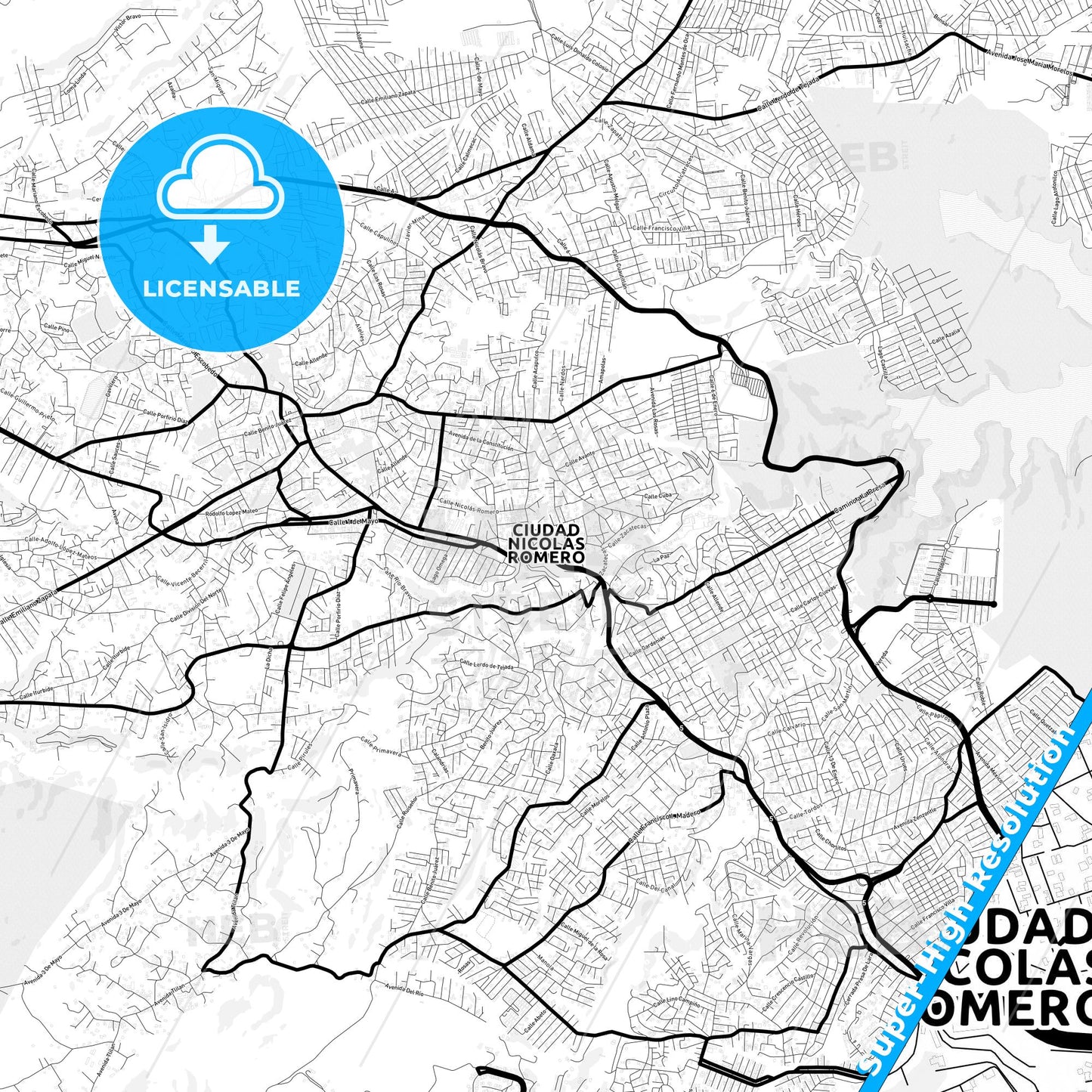Ciudad Nicolás Romero, Mexico Light Map with Street Names, City Names, and Districts