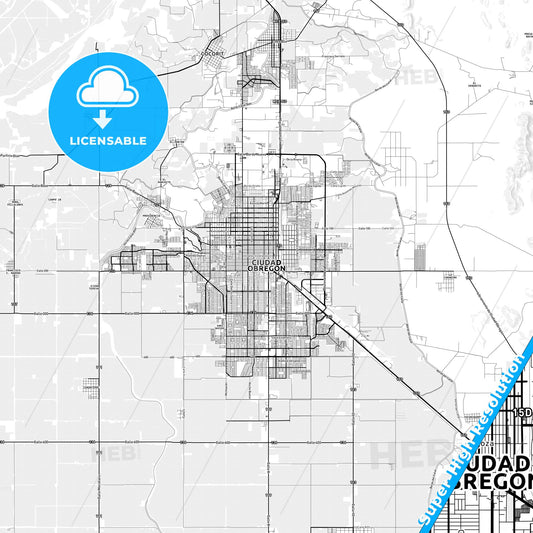 Ciudad Obregón, Mexico light map with streetnames, citynames and districts