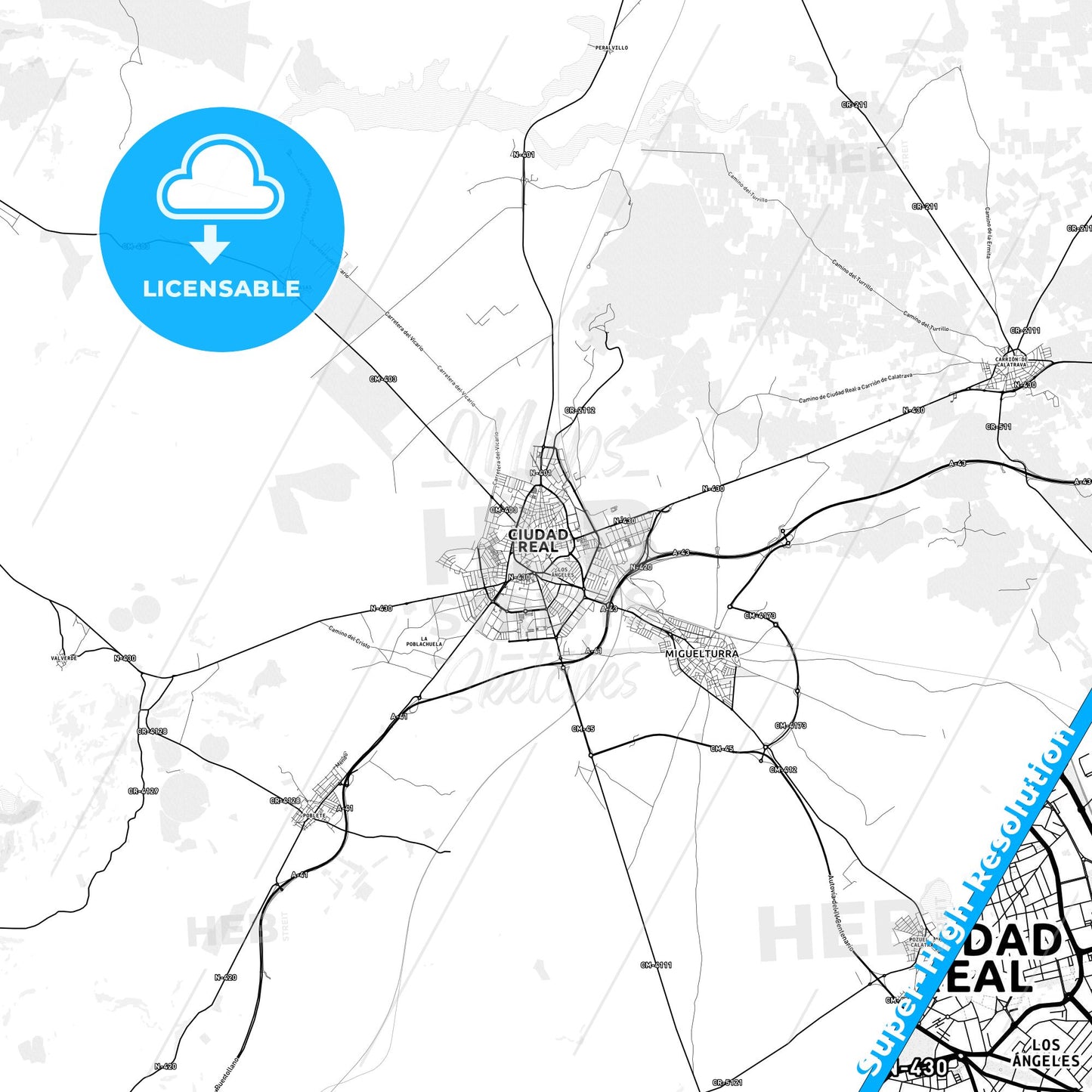 Ciudad Real, Spain light map with streetnames, citynames and districts