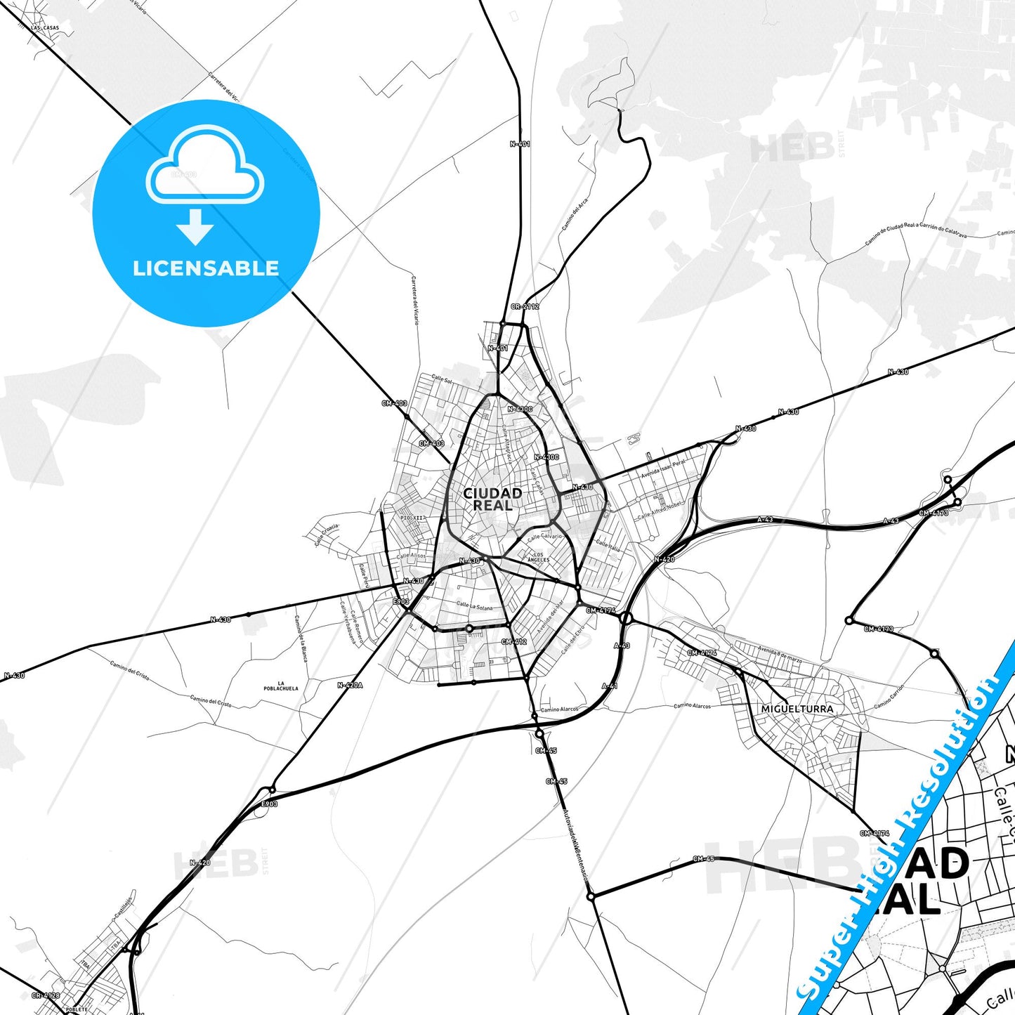 Ciudad Real, Spain Light Map with Street Names, City Names, and Districts