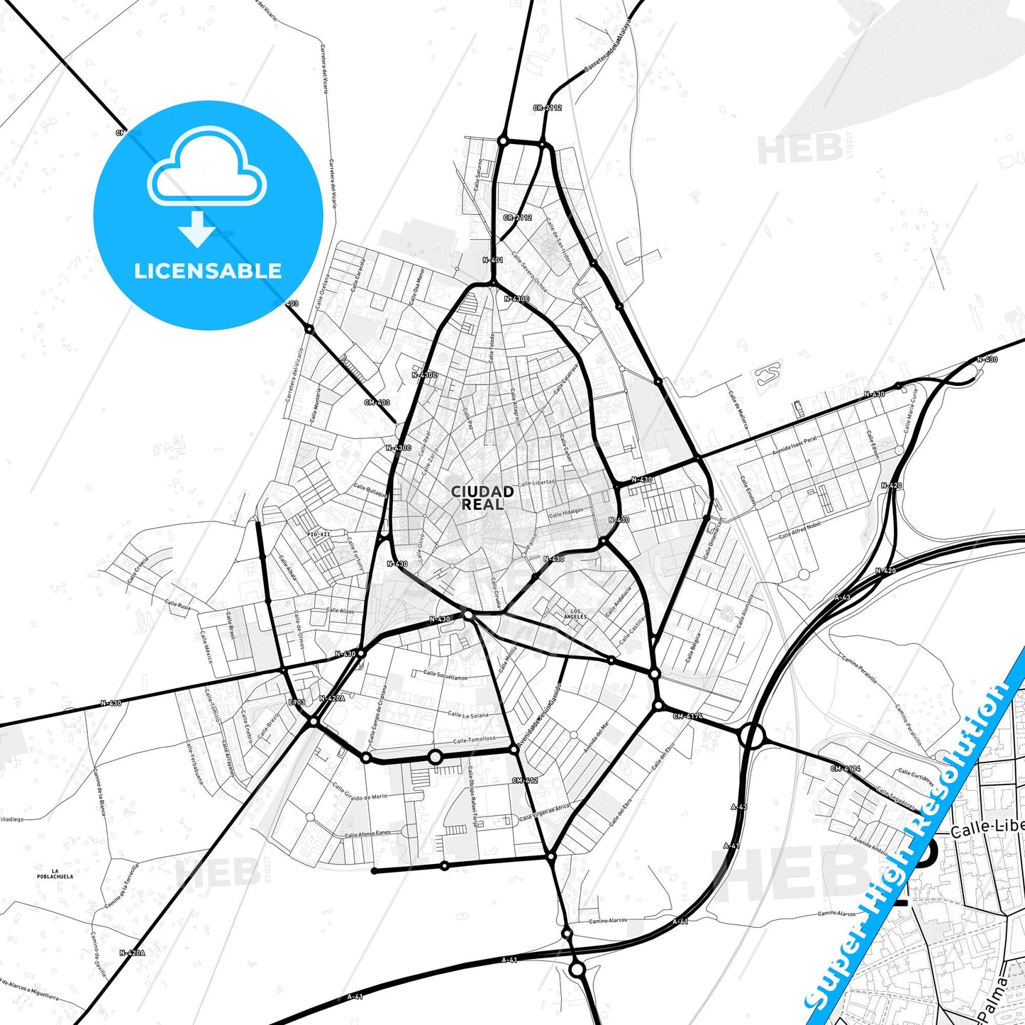 Ciudad Real, Spain Light Map with Street Names, City Names, and Districts
