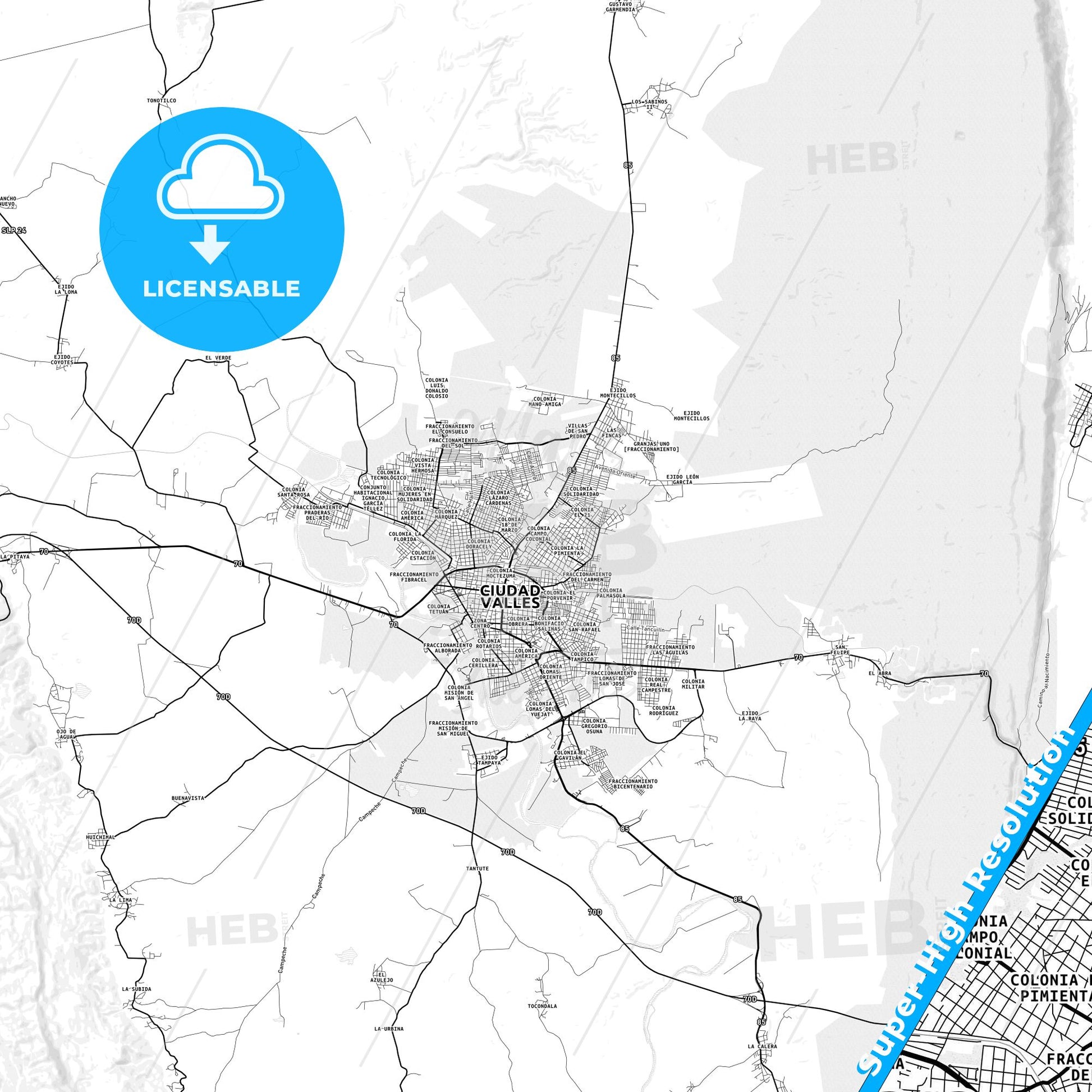 Ciudad Valles, Mexico light map with streetnames, citynames and districts