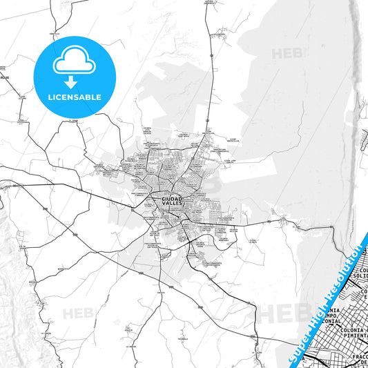 Ciudad Valles, Mexico light map with streetnames, citynames and districts