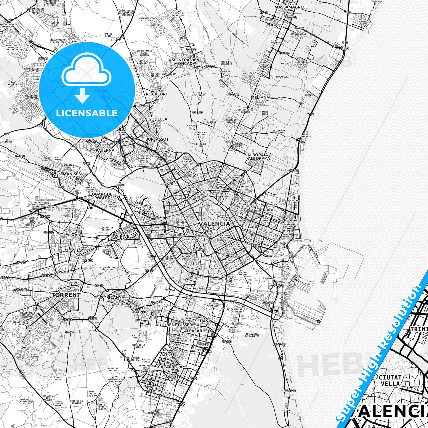 Ciutat Vella, Spain light map with streetnames, citynames and districts