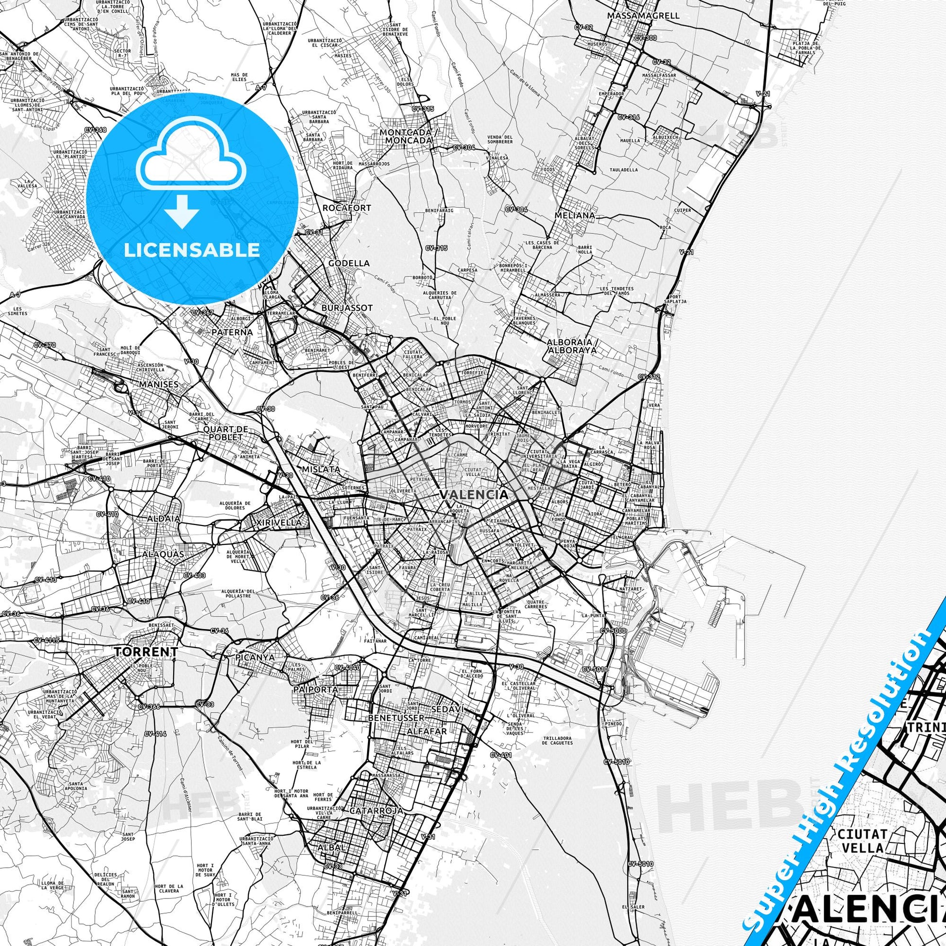 Ciutat Vella, Spain light map with streetnames, citynames and districts