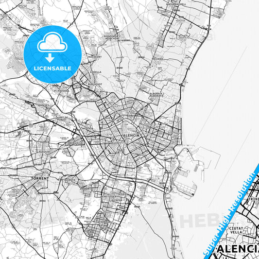 Ciutat Vella, Spain light map with streetnames, citynames and districts