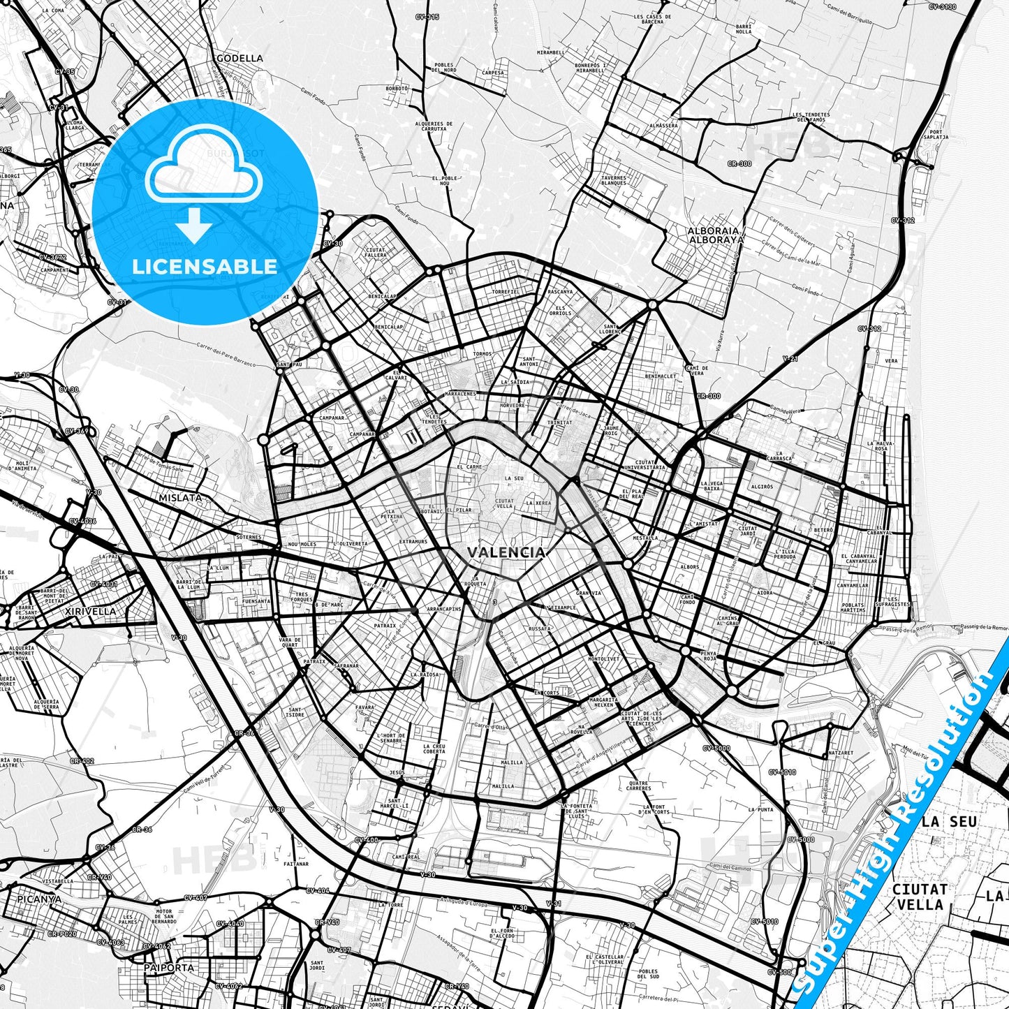 Ciutat Vella, Spain Light Map with Street Names, City Names, and Districts