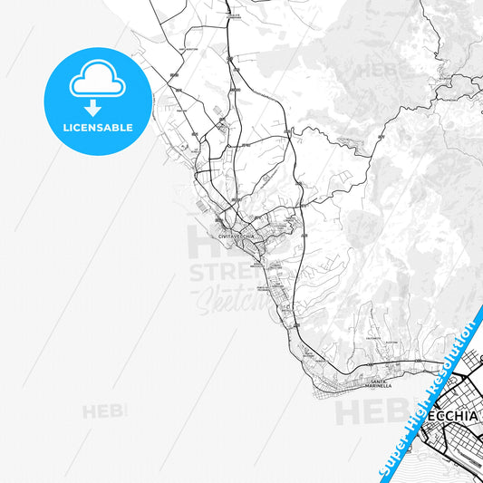 Civitavecchia, Italy light map with streetnames, citynames and districts