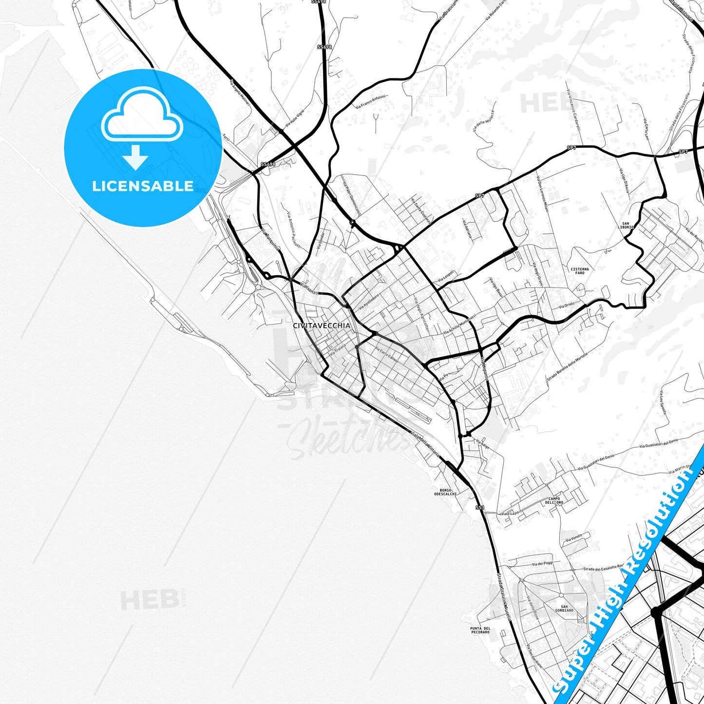 Civitavecchia, Italy Light Map with Street Names, City Names, and Districts