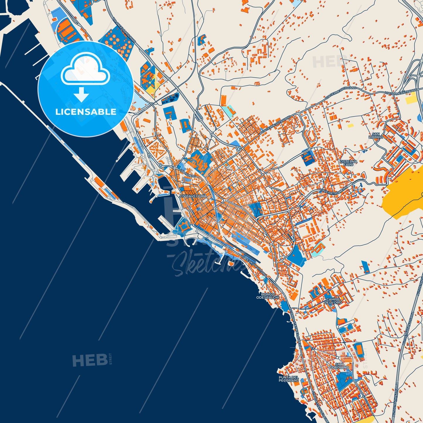 Colorful Civitavecchia Street Map with Labels and Buildings
