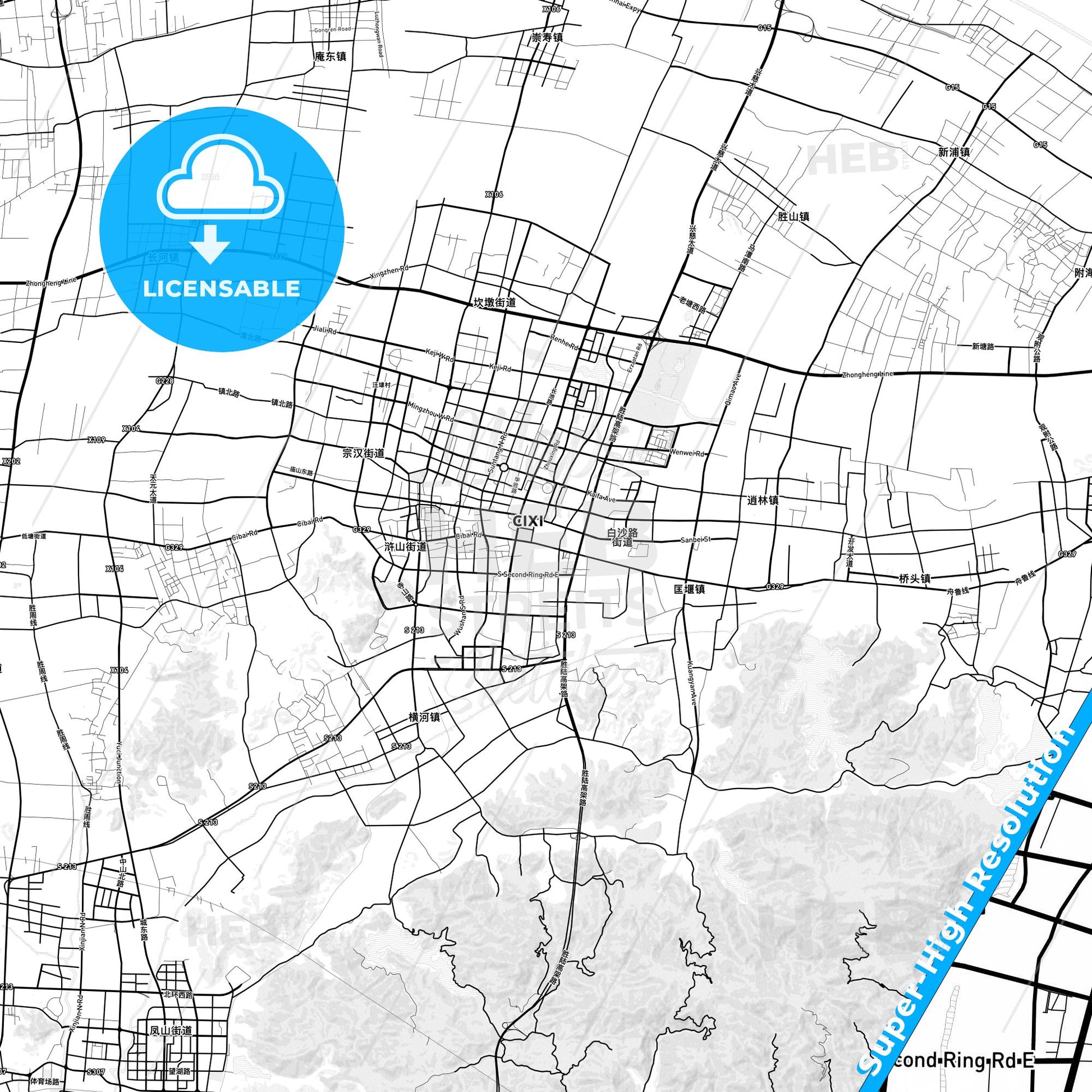 Cixi, China light map with streetnames, citynames and districts