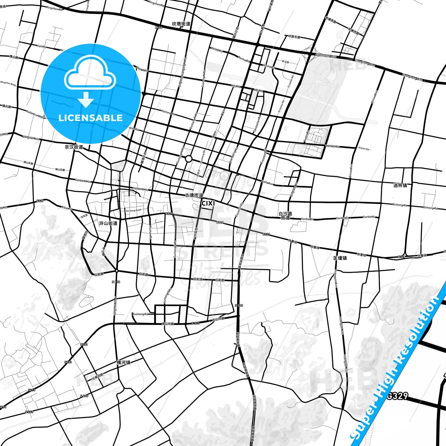 Cixi, China Light Map with Street Names, City Names, and Districts