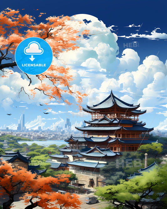 Vibrant Painting of Cixi China Skyline with Roof Architecture and Trees