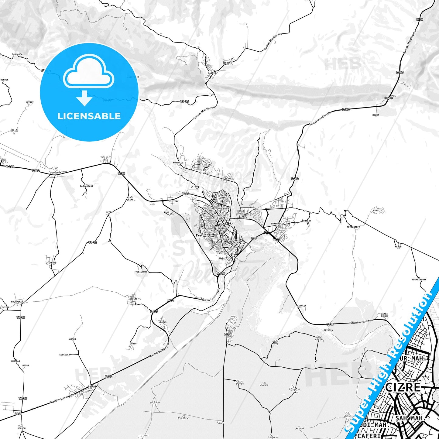 Cizre, Turkey light map with streetnames, citynames and districts