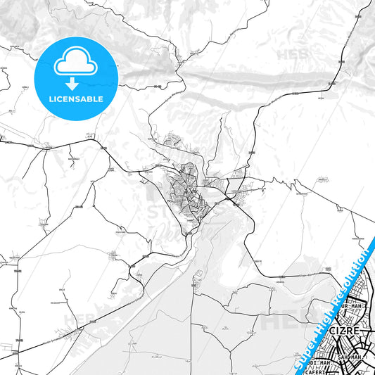 Cizre, Turkey light map with streetnames, citynames and districts