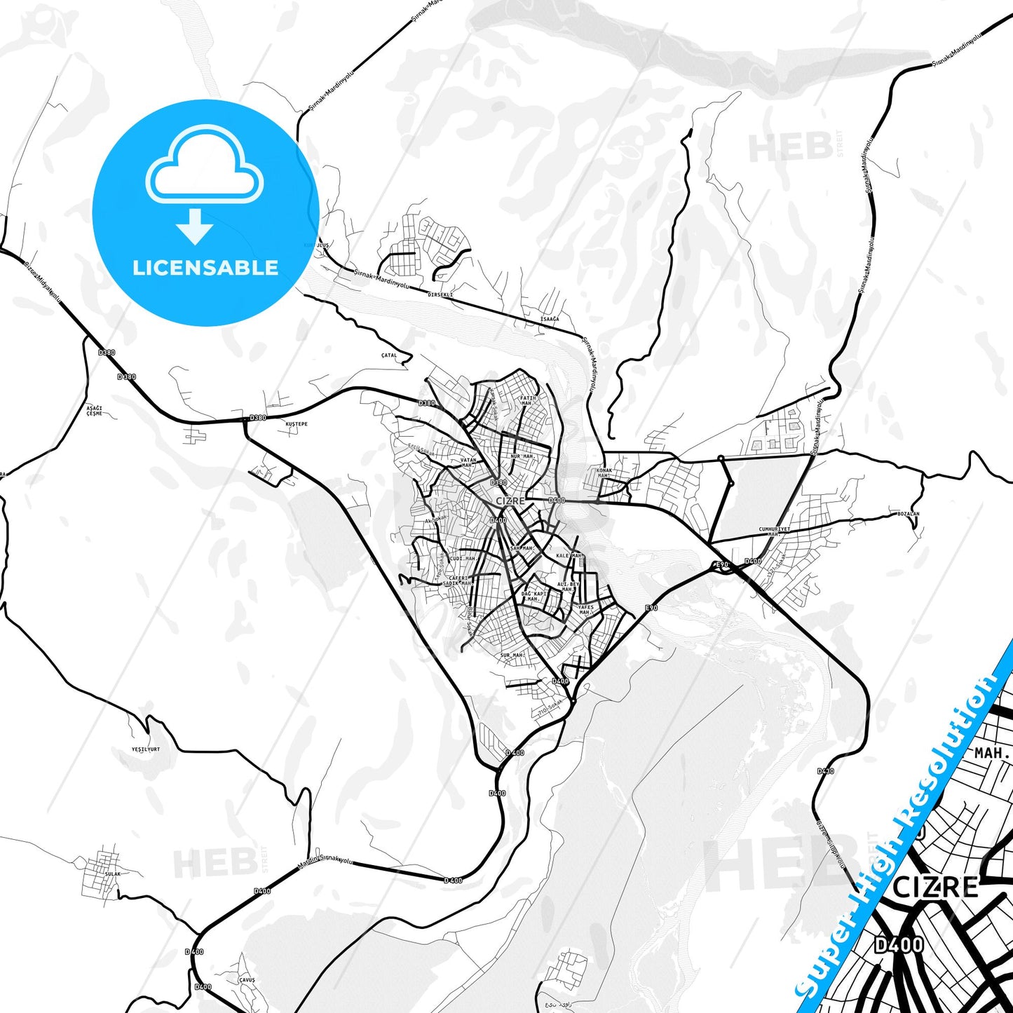 Cizre, Turkey Light Map with Street Names, City Names, and Districts