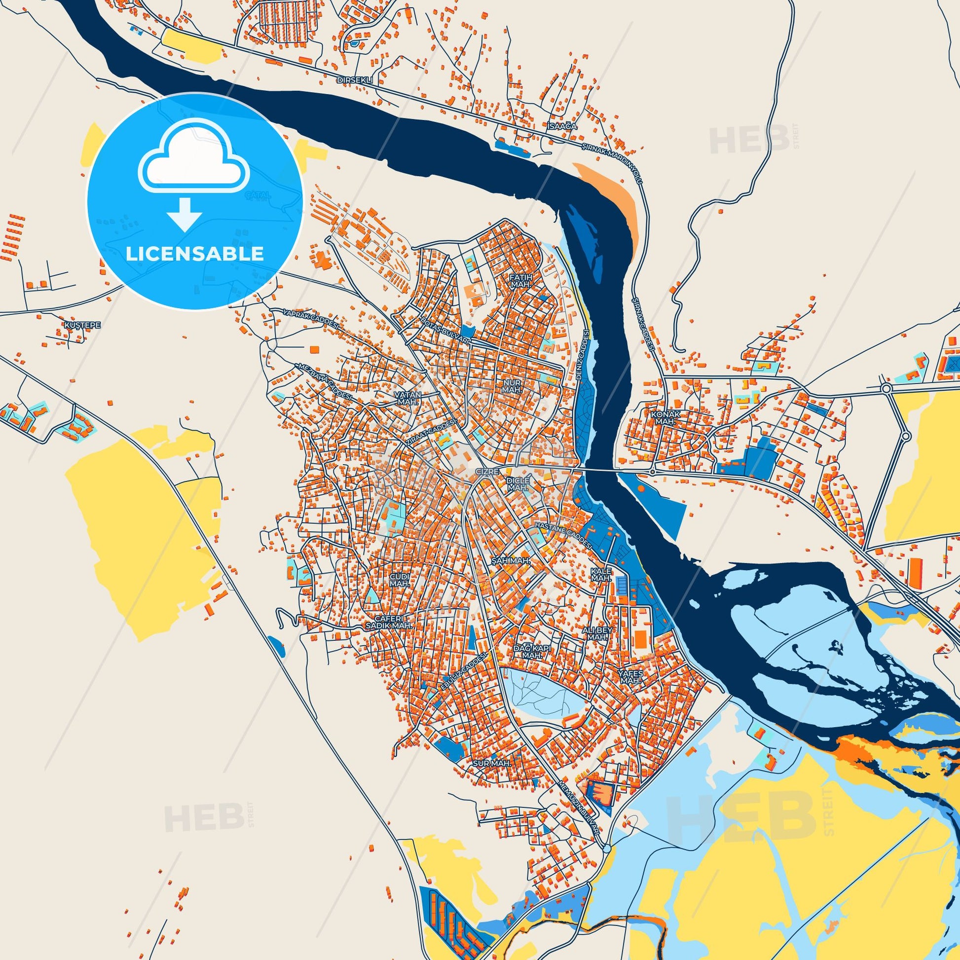 Colorful Cizre Street Map with Labels and Buildings