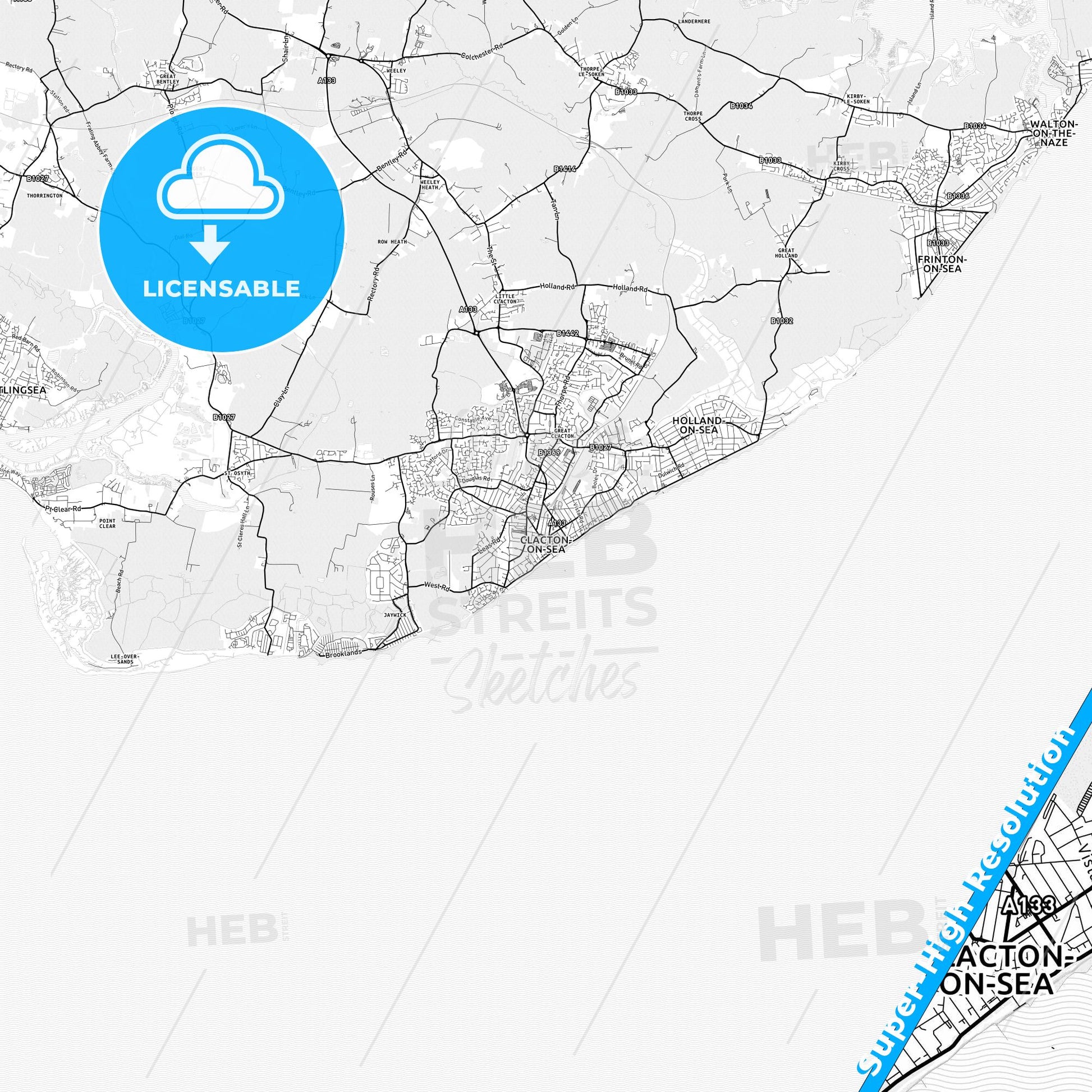 Clacton-on-Sea, England light map with streetnames, citynames and districts