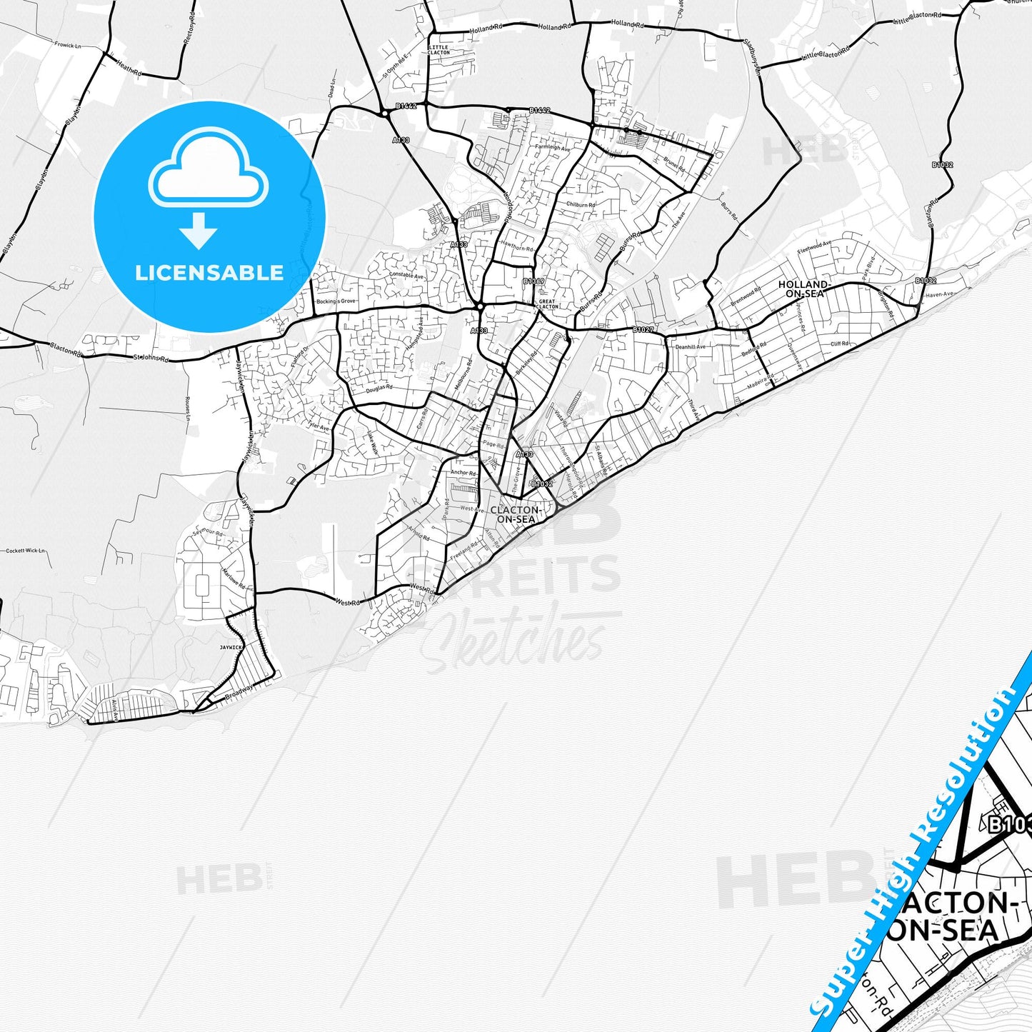 Clacton-on-Sea, England Light Map with Street Names, City Names, and Districts