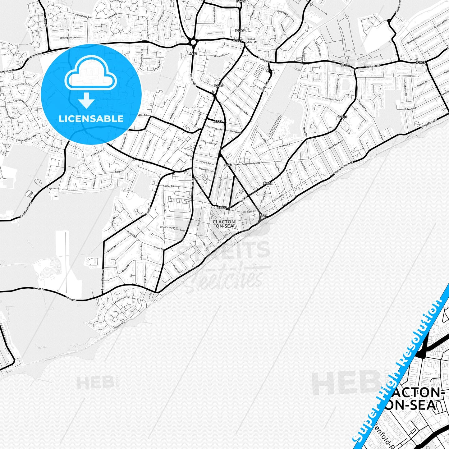 Clacton-on-Sea, England Light Map with Street Names, City Names, and Districts