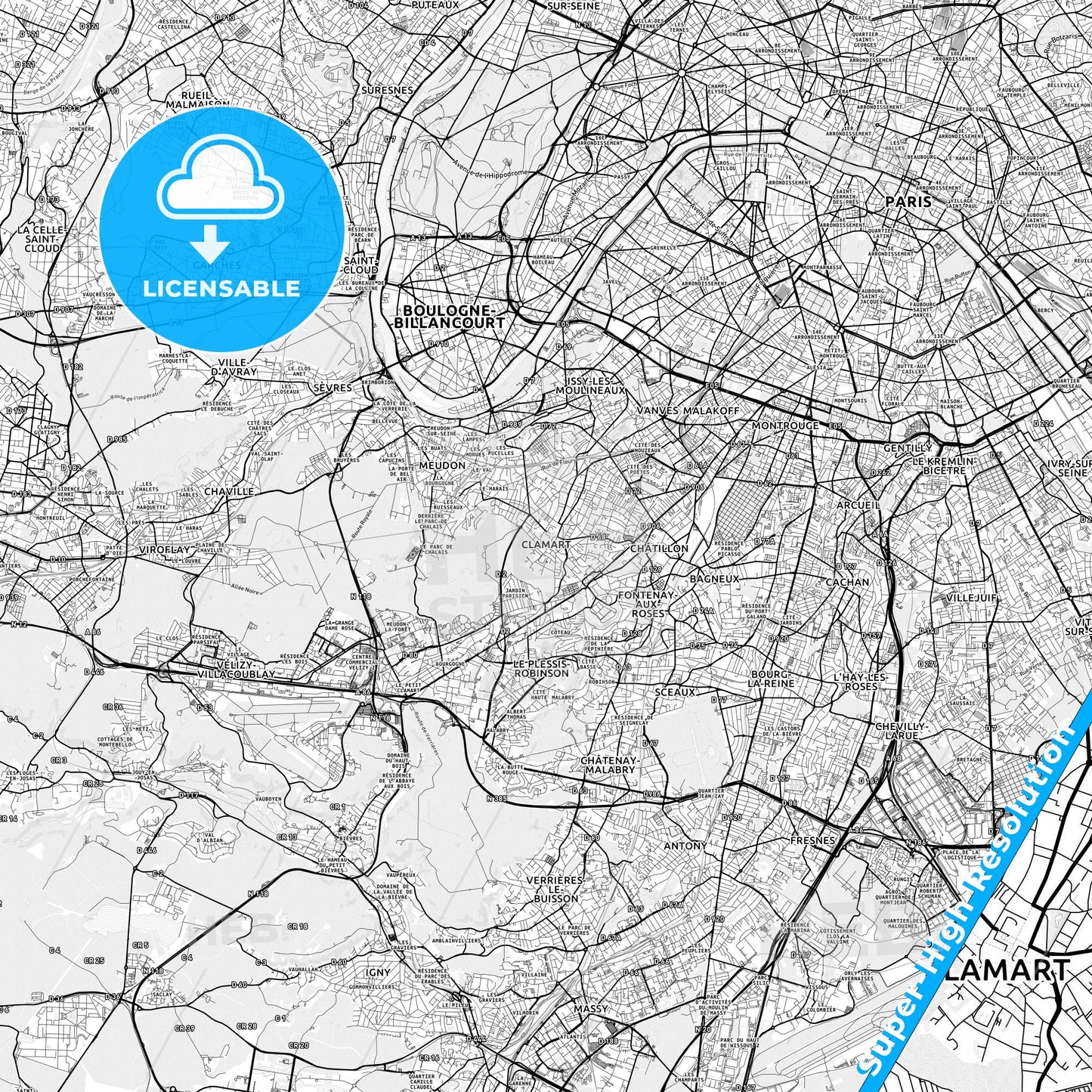 Clamart, France light map with streetnames, citynames and districts