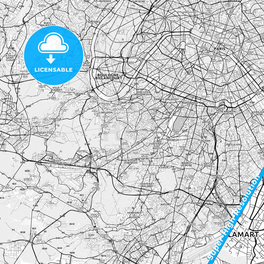 Clamart, France light map with streetnames, citynames and districts