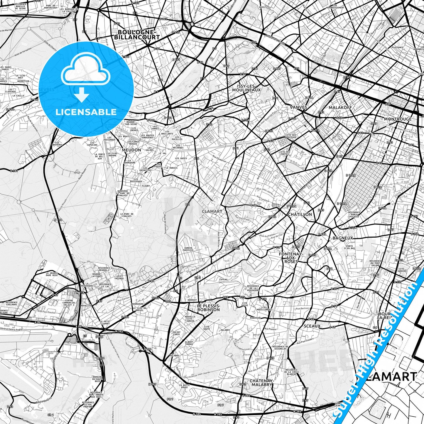 Clamart, France Light Map with Street Names, City Names, and Districts