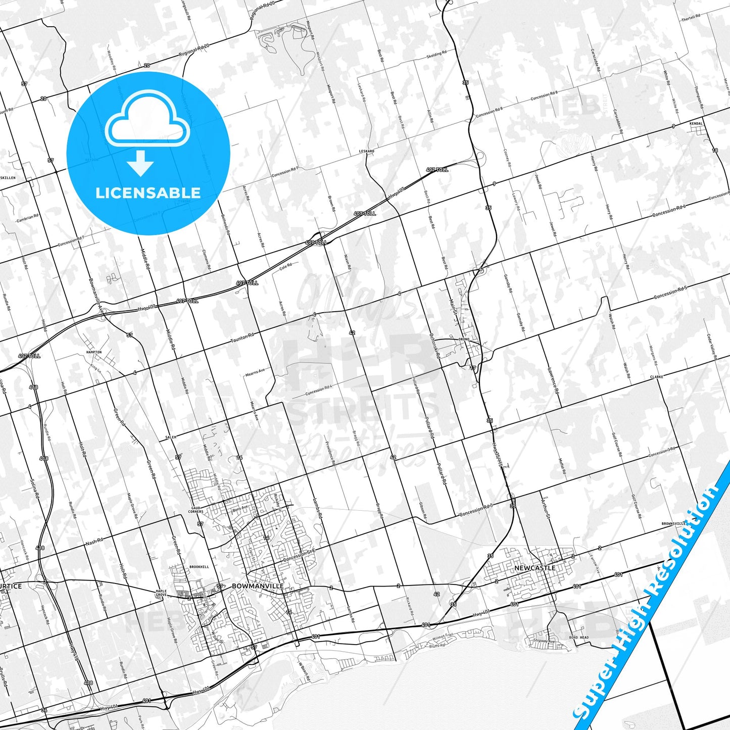 Clarington, Canada light map with streetnames, citynames and districts