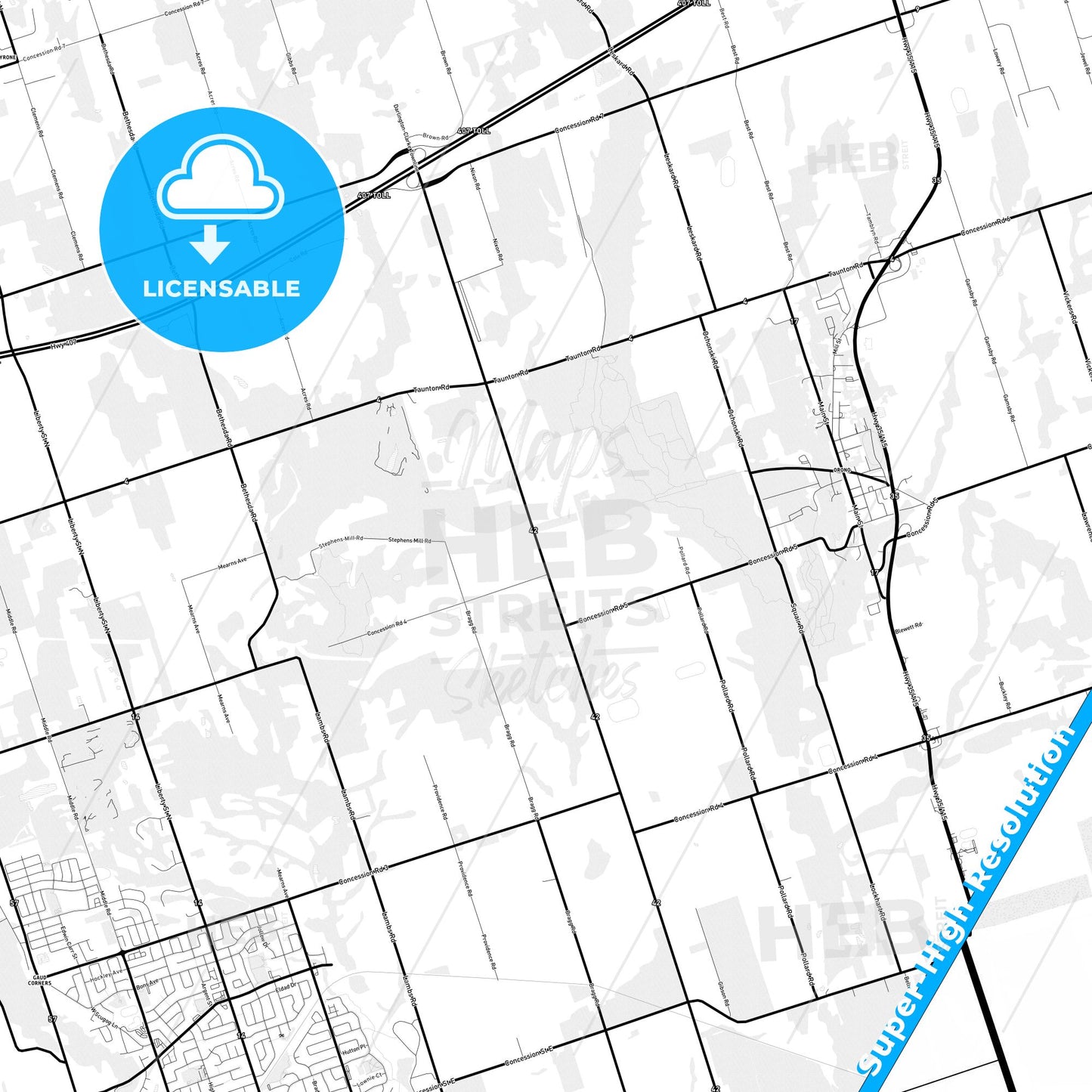 Clarington, Canada Light Map with Street Names, City Names, and Districts