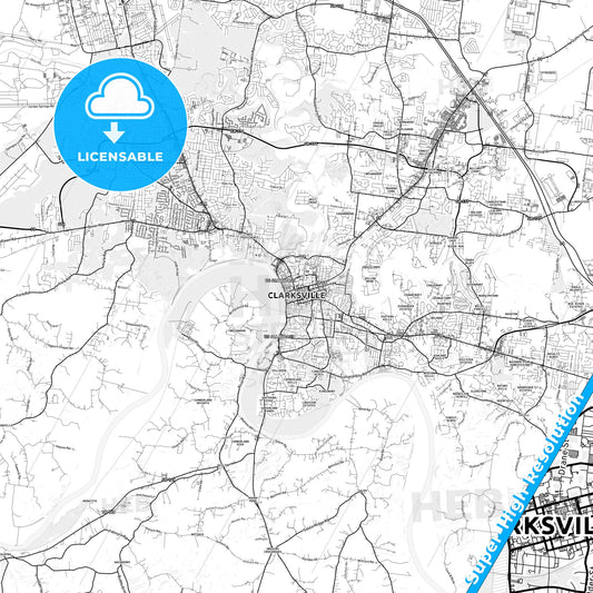 Clarksville, Tennessee light map with streetnames, citynames and districts