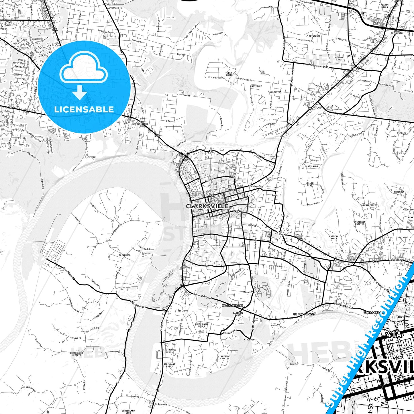 Clarksville, Tennessee Light Map with Street Names, City Names, and Districts
