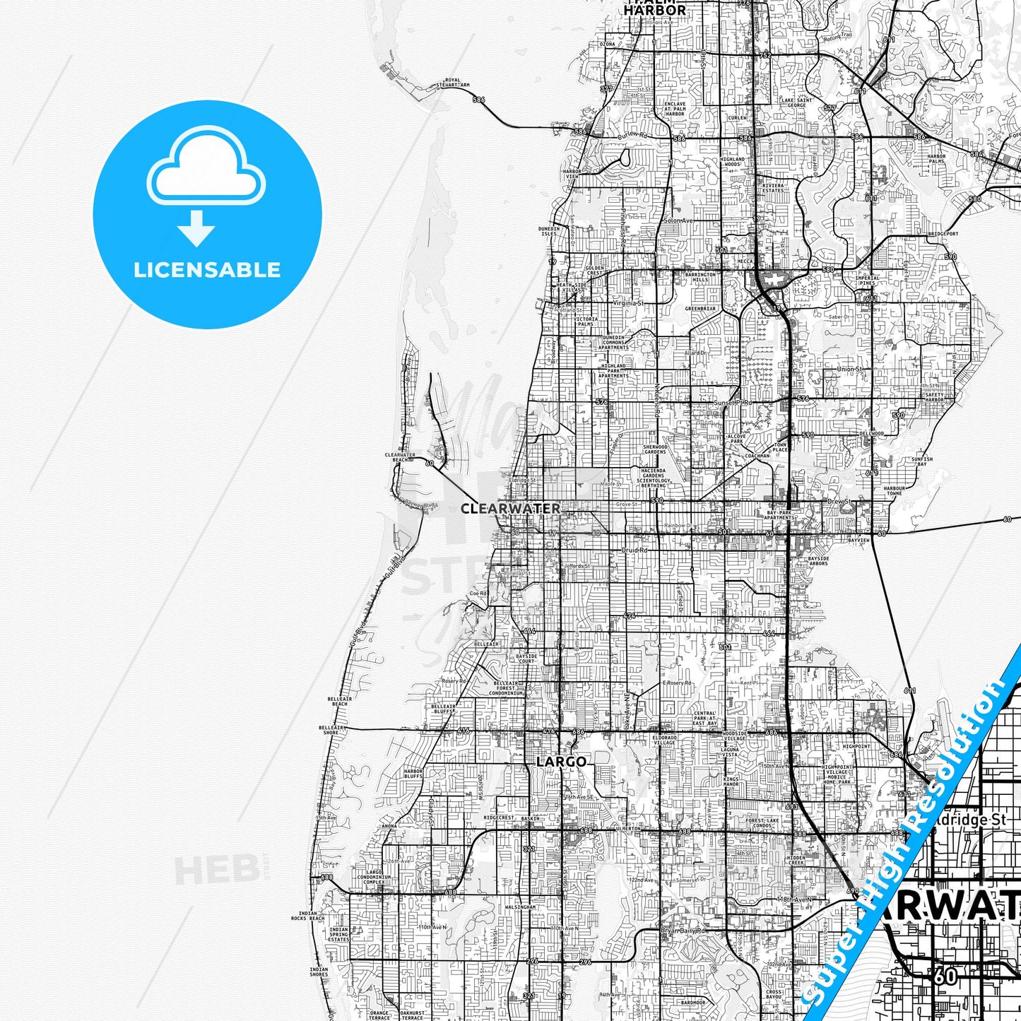Clearwater, Florida light map with streetnames, citynames and districts