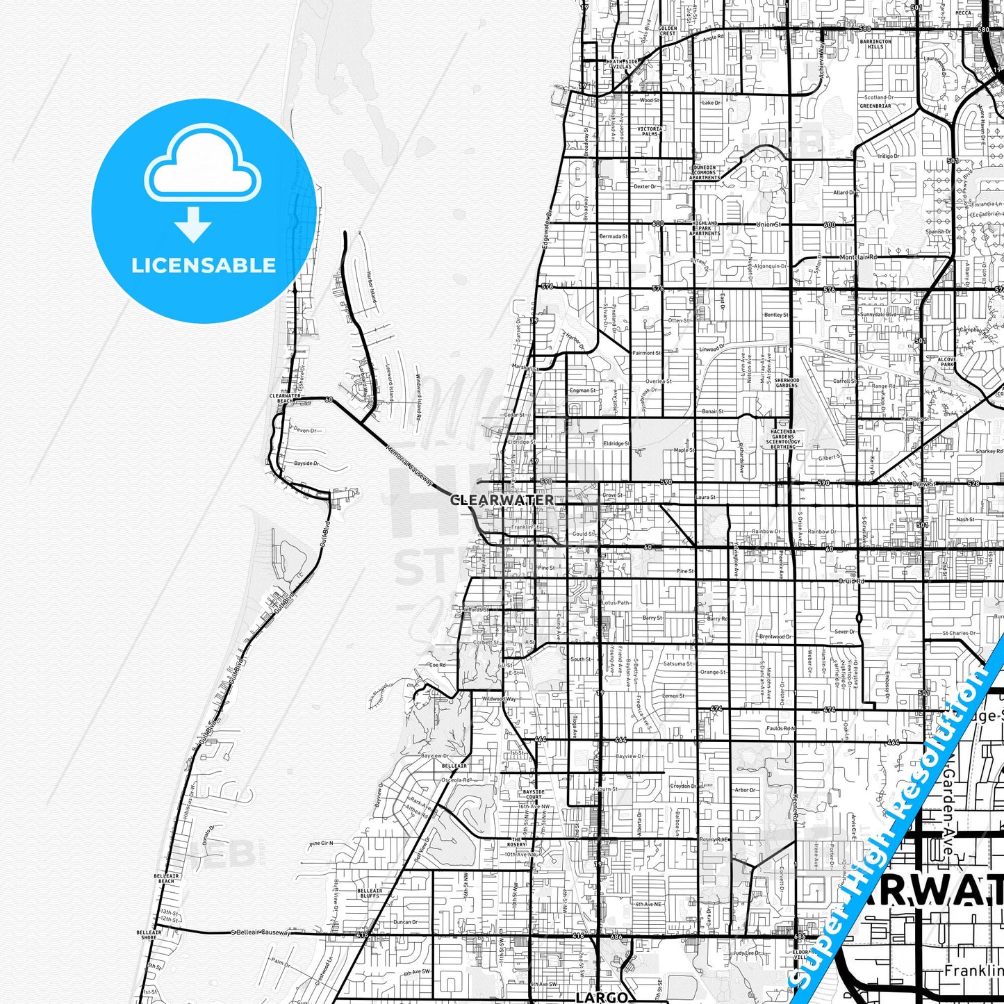 Clearwater, Florida Light Map with Street Names, City Names, and Districts