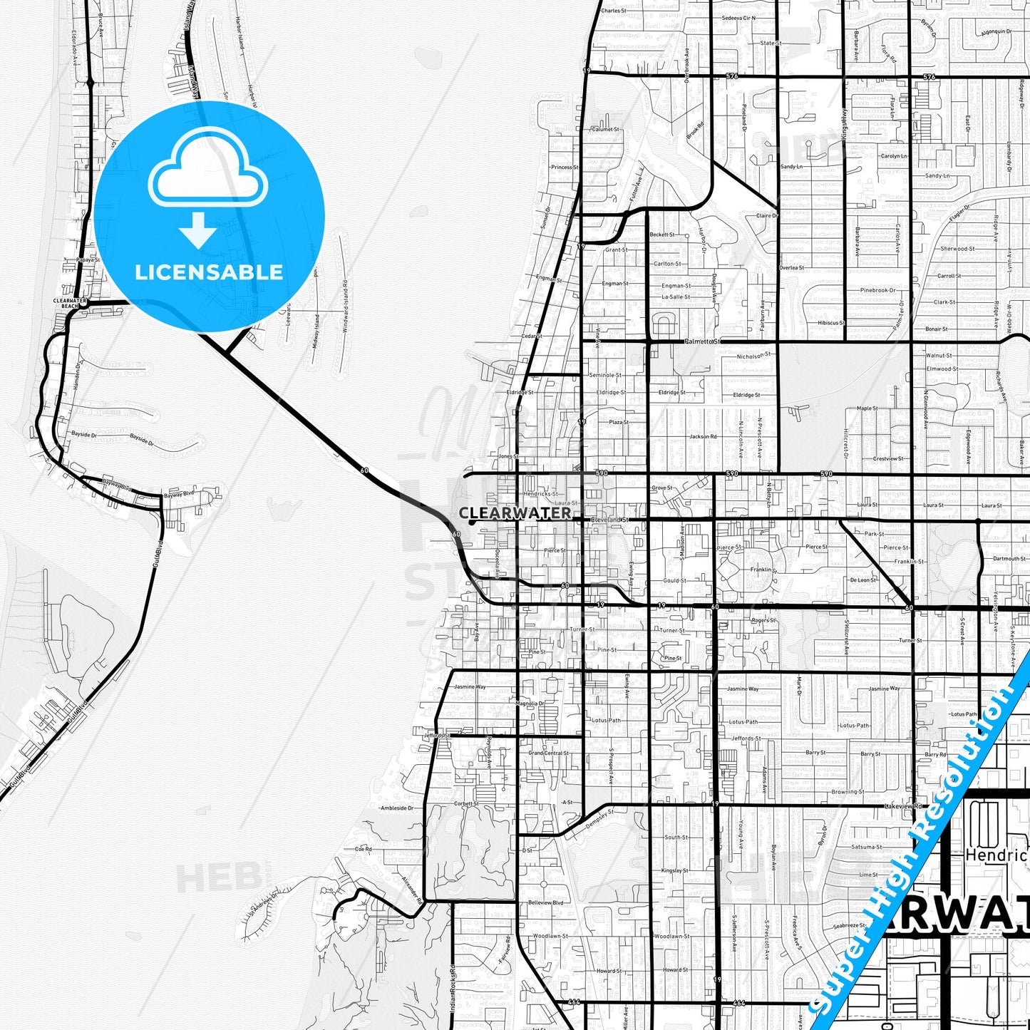 Clearwater, Florida Light Map with Street Names, City Names, and Districts