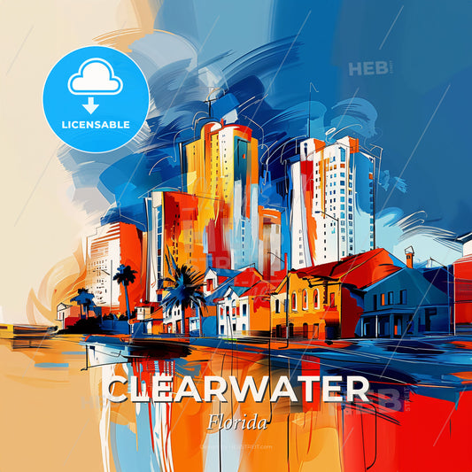 Vibrant Clearwater, Florida - A Colorful Cityscape With Buildings And A Body Of Water - Square format print template