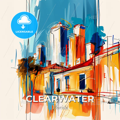 Vibrant Clearwater, Florida - A Painting Of A Building With Tall Buildings - Square format print template