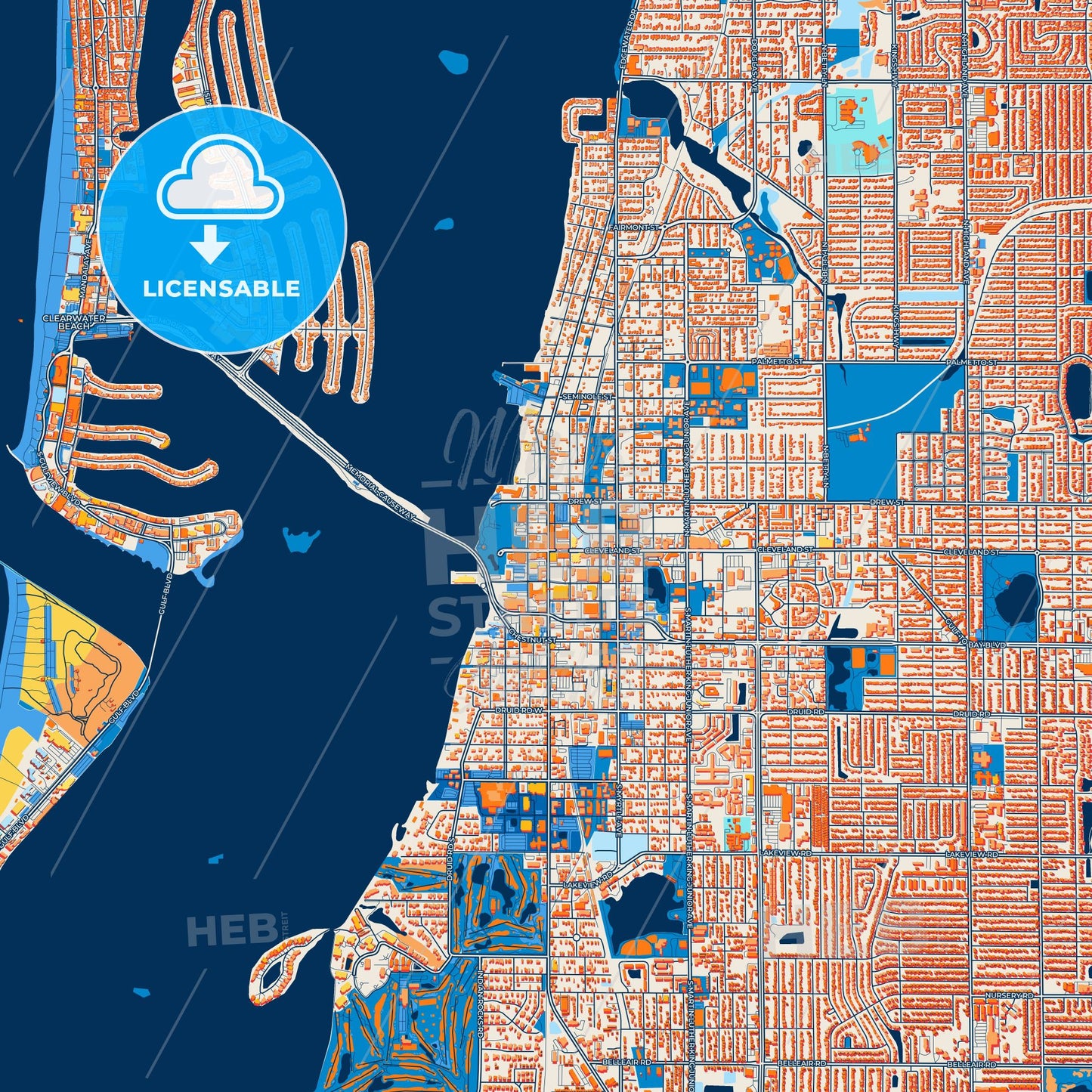 Colorful Clearwater Street Map with Labels and Buildings